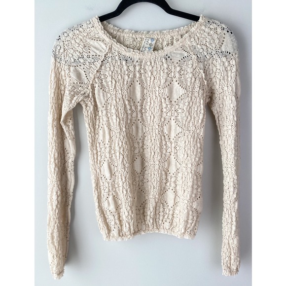 Free People Cotton Lace Long Sleeve Top XS Cream Cottagecore Sheer Boho Feminine - Picture 1 of 8